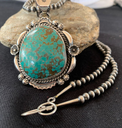 Men's Navajo Pearls Necklace Pendant | Sterling Silver | Blue Turquoise #8 | Authentic Native American Handmade | 529
