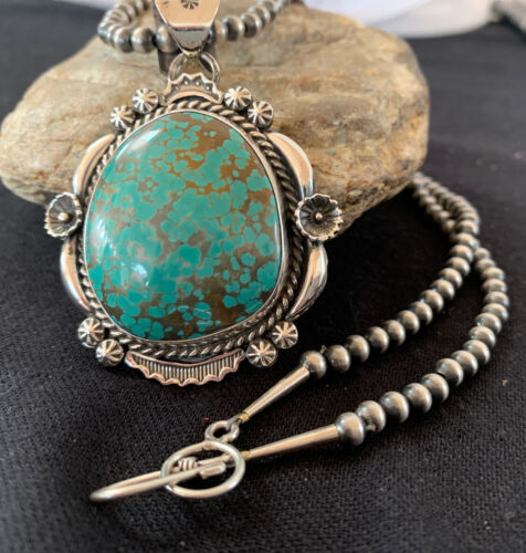 Men's Navajo Pearls Necklace Pendant | Sterling Silver | Blue Turquoise #8 | Authentic Native American Handmade | 529
