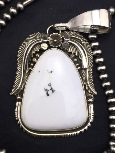 White Buffalo Turquoise Pendant Necklace | Navajo Sterling Silver | Authentic Native American Handmade | 4529