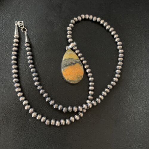 Navajo Yellow Bumblebee Jasper Pendant Necklace | Sterling Silver | Authentic Native American Handmade | 12805