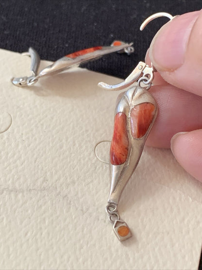Navajo Red Spiny Oyster Inlay Earrings | Sterling Silver | 2" | Authentic Native American Handmade | 1520