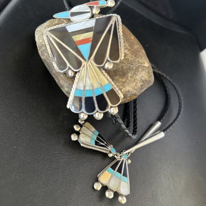 Men's Bolo Tie | Zuni Thunderbird Kingman Turquoise Inlay | Sterling Silver | 14232