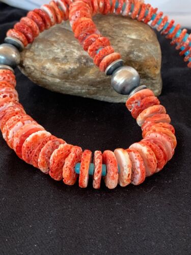 Red Spiny Oyster & Blue Turquoise Graduated Necklace | Sterling Silver | Authentic Native American | 25" | 13712