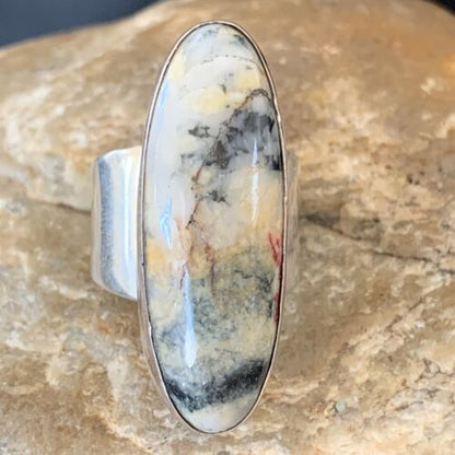 Southwestern Navajo Cinnabrite Ring | White Black | Sterling Silver | Sz 6.5 | 1550