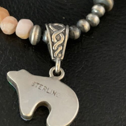 Navajo Bear Pink Opal Bead Necklace | Sterling Silver Inlay Pendant | Authentic Native American Handmade | 13459