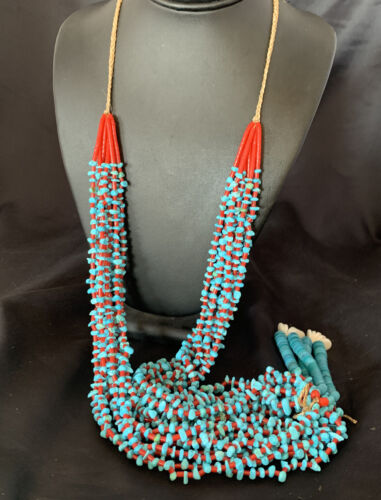 Southwestern Santo Domingo Red Coral Blue Turquoise Necklace | 10 Strand | 40" | 12046