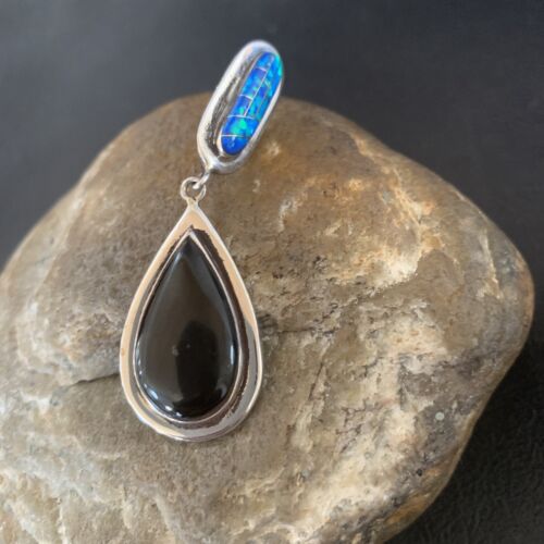 Navajo Black Onyx Blue Opal Inlay Pendant | Sterling Silver | Authentic Native American Handmade | 12885