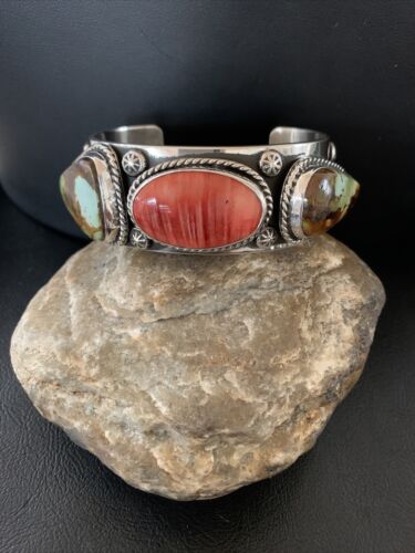Navajo Green Royston Turquoise Spiny Oyster Cuff Bracelet | Sterling Silver | Authentic Native American Handmade | 1379