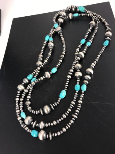 Navajo Pearls Sleeping Beauty Turquoise Necklace | 70" Single Strand | Sterling Silver | Southwestern | 8051