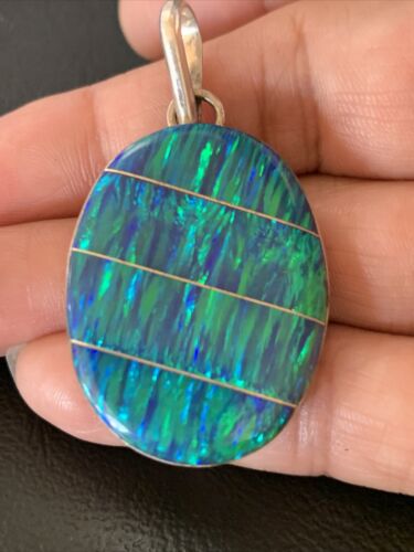 Authentic Native American Navajo Sterling Silver Blue Opal Inlay Pendant | Handmade Jewelry | 13140
