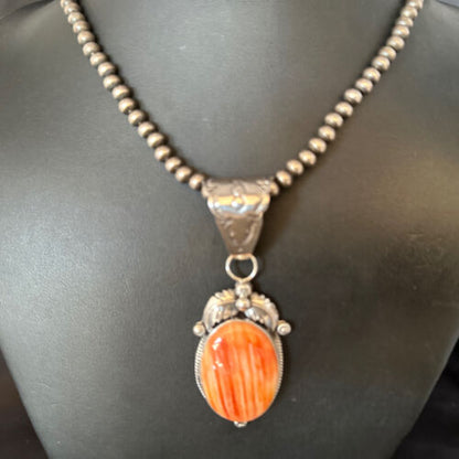 Navajo Pearls Orange Spiny Oyster Pendant Necklace | Sterling Silver | Authentic Native American Handmade | 14722