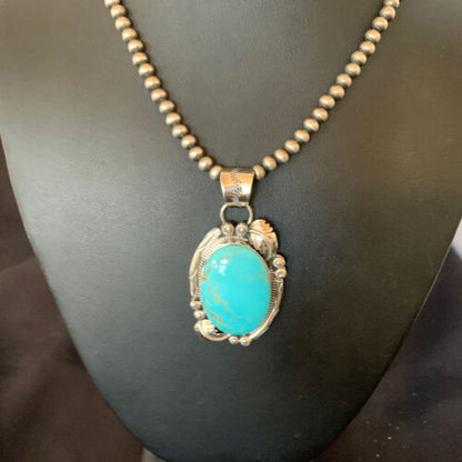 Navajo Pearl Blue Kingman Turquoise Necklace Pendant | Sterling Silver | Authentic Native American Handmade | 12287