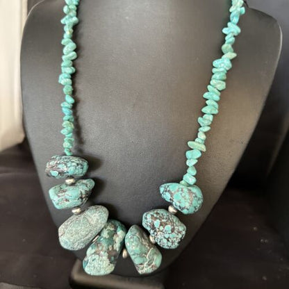 Navajo Chunky Blue Turquoise Nugget Necklace | Sterling Silver | Authentic Native American Handmade | 20" | 14418