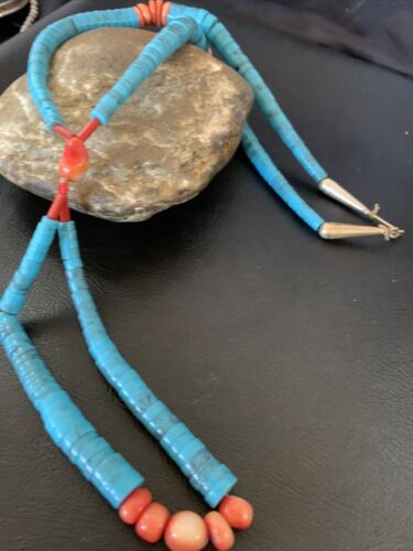 Southwestern Santo Domingo Pink Coral Blue Turquoise Jacla Necklace | 20" | Authentic Native American Handmade | 12515