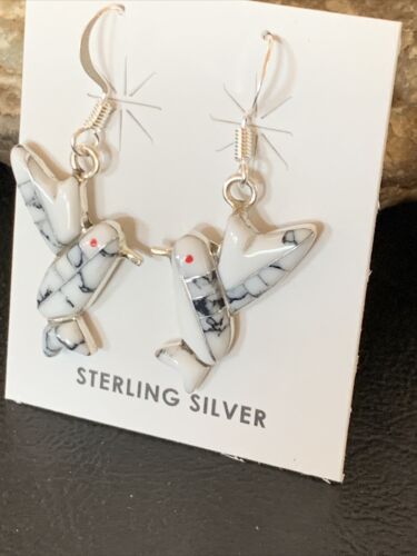 Navajo Sterling White Buffalo Turquoise Hummingbird Dangle Earrings | 1" | Authentic Native American Handmade | 12313