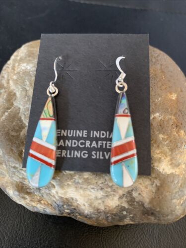 Navajo Multi-Color Turquoise Spiny Opal Inlay Earrings | Sterling Silver | 1.5" | 12999