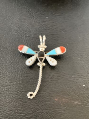 Zuni Turquoise White Mother of Pearl Inlay Dragonfly Necklace Pin Pendant | Sterling Silver | 12326