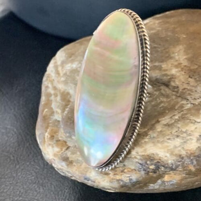 Native American Green Mother of Pearl Inlay Ring | Navajo Sterling Silver | Sz 7.5 | 12939