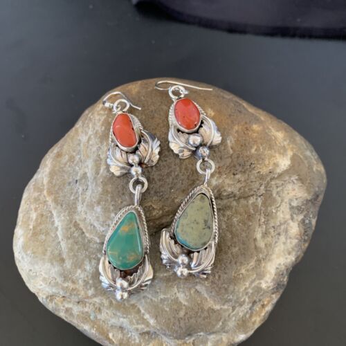 Navajo Green Royston Turquoise Red Coral Dangle Earrings | Sterling Silver | Authentic Native American Handmade | 2058
