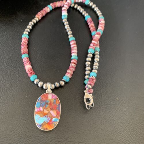 Navajo Pearl Sterling Silver Necklace with Turquoise and Purple Spiny Oyster Pendant | 13278