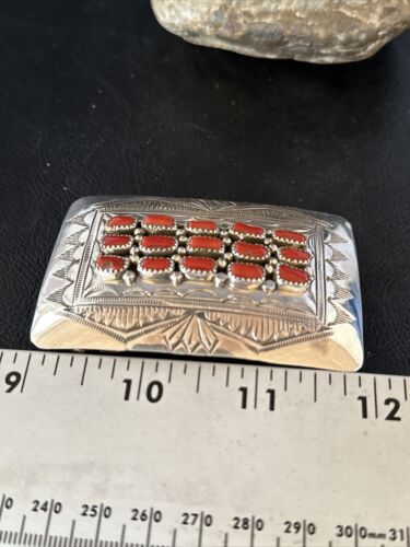 Navajo Red Coral Belt Buckle Concho | Sterling Silver | Authentic Native American Handmade | 14798