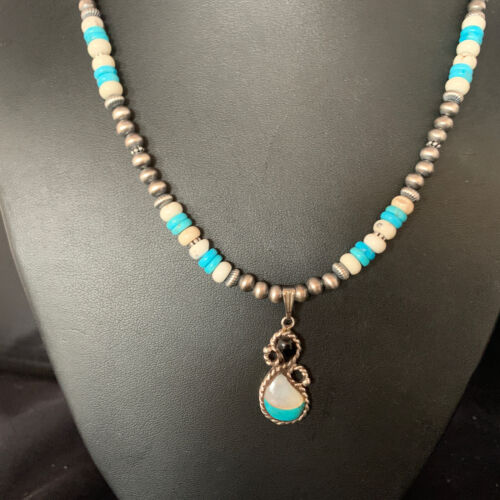 Navajo Mother of Pearl Turquoise Onyx Inlay Pendant Bead Necklace | Sterling Silver | Native American Handmade | 13566