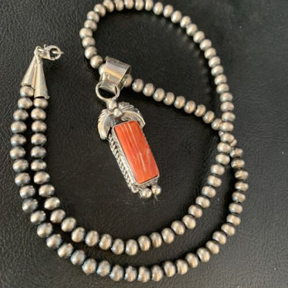 Navajo Red Spiny Oyster Square Pendant Necklace | Sterling Silver | Authentic Native American Handmade | 13635