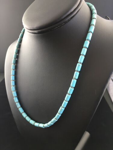 Native American Sterling Silver Blue Turquoise Necklace | 18" | 10011 - Masha USA