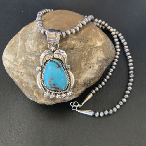 Men's Navajo Pearls Necklace | Sterling Silver Blue Kingman Turquoise Pendant | Native American | 12598