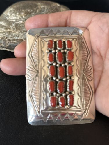 Navajo Red Coral Belt Buckle Concho | Sterling Silver | Authentic Native American Handmade | 14798