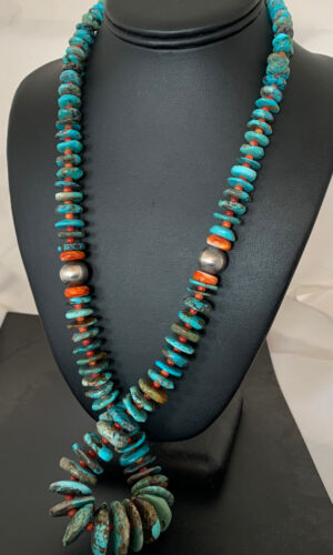Navajo Natural Blue Turquoise & Spiny Oyster Necklace | Sterling Sliver | Graduated | Authentic Native American | 28" | 330