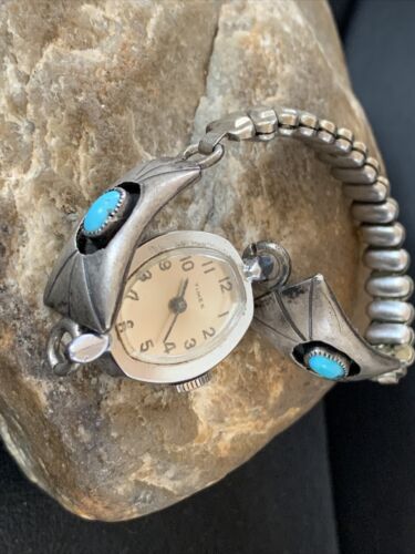 Navajo Sterling Silver Watch Tips | Old Pawn Turquoise Shadowbox | Authentic Native American Jewelry | 1449