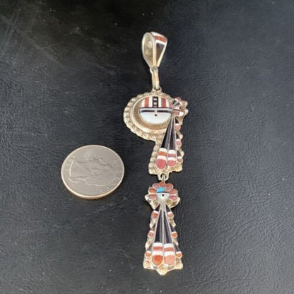 Zuni Kachina Coral Mother of Pearl Onyx Inlay Pin Pendant | Sterling Silver | 4.20" | 13688