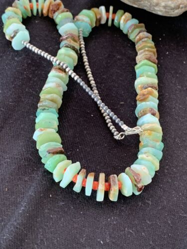 Navajo Green Chrysoprase Spiny Oyster Necklace | Sterling Silver | Authentic Native American Handmade | 24" | 00512