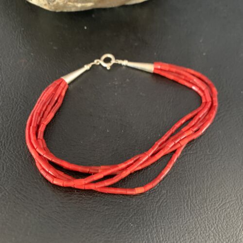 Handmade Liquid Silver 5-Strand Red Apple Coral Heishi Bracelet | Sterling Silver | 7.5" | 13610