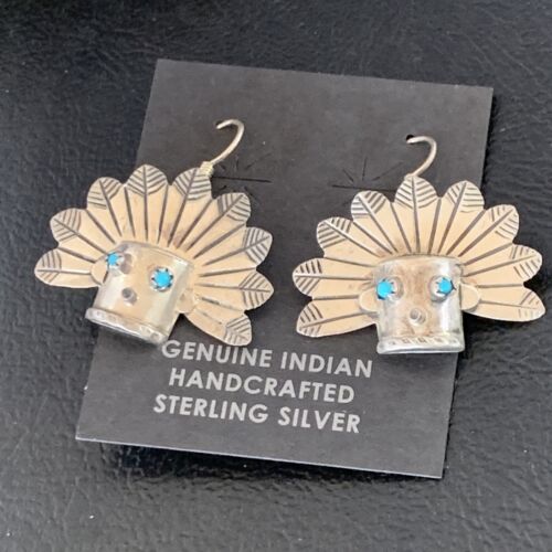 Old Pawn Native American Indian Head Dangle Earrings | Sterling Silver Blue Turquoise | 13037