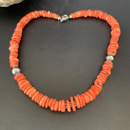 Native American Navajo Pink Coral Bead Necklace | Sterling Silver | 18" | 13229 - Masha USA