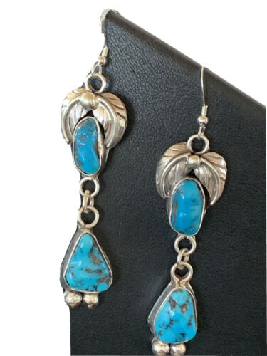Navajo Kingman Turquoise Dangle Earrings | Sterling Silver | Authentic Native American Handmade | 01219