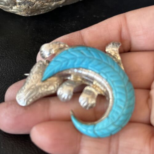 Navajo White & Blue Turquoise Lizard Pin Pendant | Sterling Silver Gecko Inlay | Native American Handmade | 14510