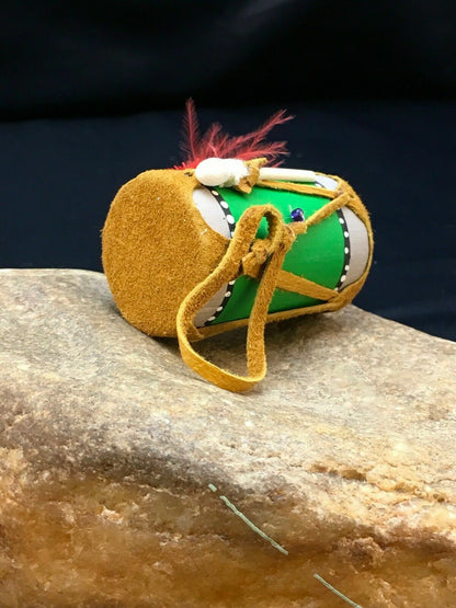 Handmade Miniature Leather Drum Car Charm | 2" Mirror Dangler | Authentic Native American | 8929