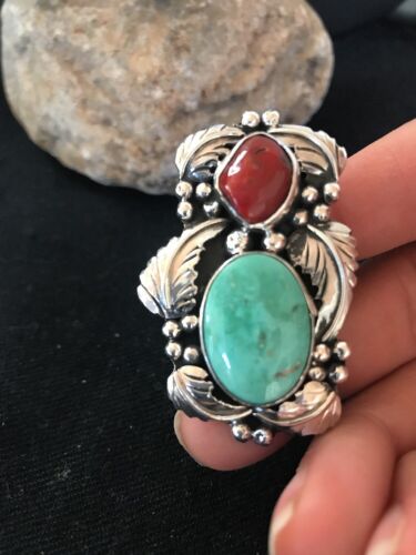 Navajo Royston Turquoise Coral Multi-Stone Men's Ring | Authentic Native American Sterling Silver | Sz 8 | 02218