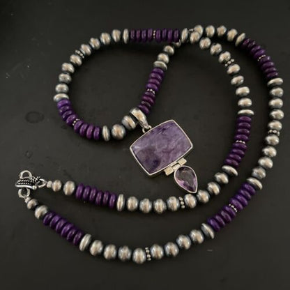 Navajo Pearls Necklace with Purple Sugilite Pendant | Sterling Silver | Multi-Stone | 11333