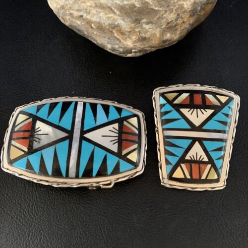 Zuni Bolo Tie Belt Buckle Ranger Set | Turquoise Mother of Pearl Coral | Sterling Silver | Native American Handmade | 14123