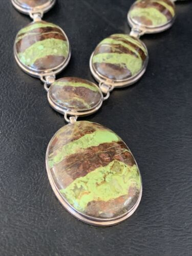 Navajo Green Gaspeite Necklace Choker Earrings Set | Sterling Silver Pendant | 19" | Authentic Native American Handmade | 13794