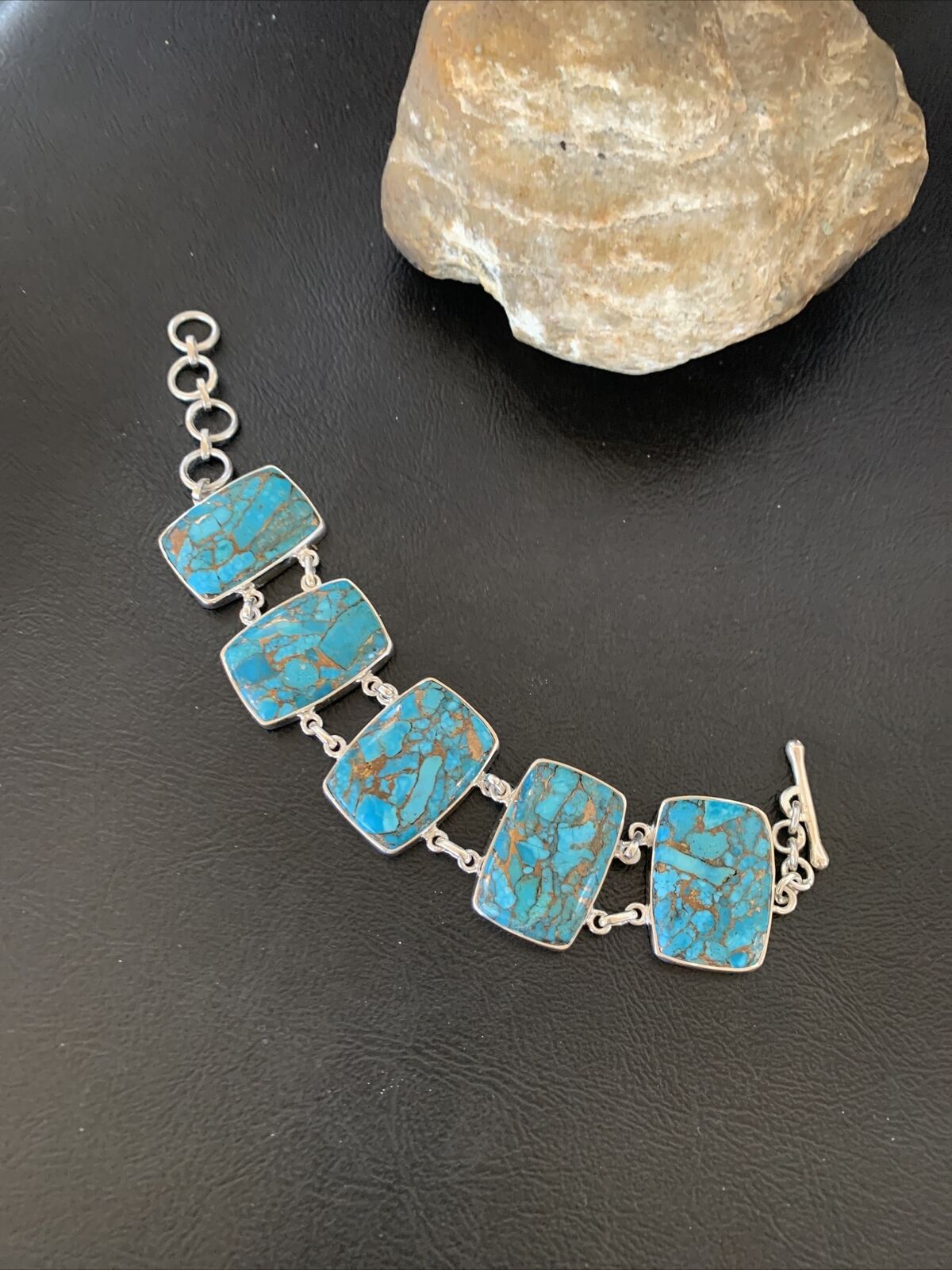 Navajo Blue Mojave Turquoise Link Bracelet | Sterling Silver | 8" | Authentic Native American Handmade | 11629