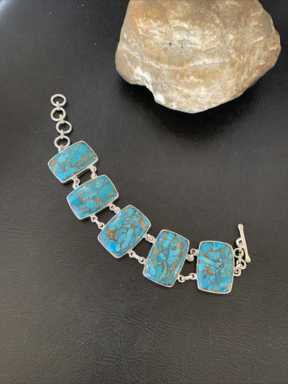 Navajo Blue Mojave Turquoise Link Bracelet | Sterling Silver | 8" | Authentic Native American Handmade | 11629 - Masha USA