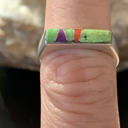 Southwestern Navajo Green Gaspeite Sugilite Red Coral Inlay Ring | Sz 7 | 02247