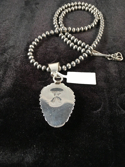 Navajo Turquoise #8 Pendant with Pearls | Sterling Silver Necklace | Authentic Native American Handmade | 8678