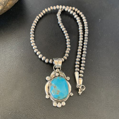 Men's Navajo Pearls Necklace with Blue Kingman Turquoise Pendant | Sterling Silver | Native American Handmade | 12596