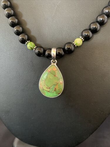 Navajo Pearls Onyx Mojave Turquoise Pendant Necklace | Sterling Silver | Authentic Native American Handmade | 13251